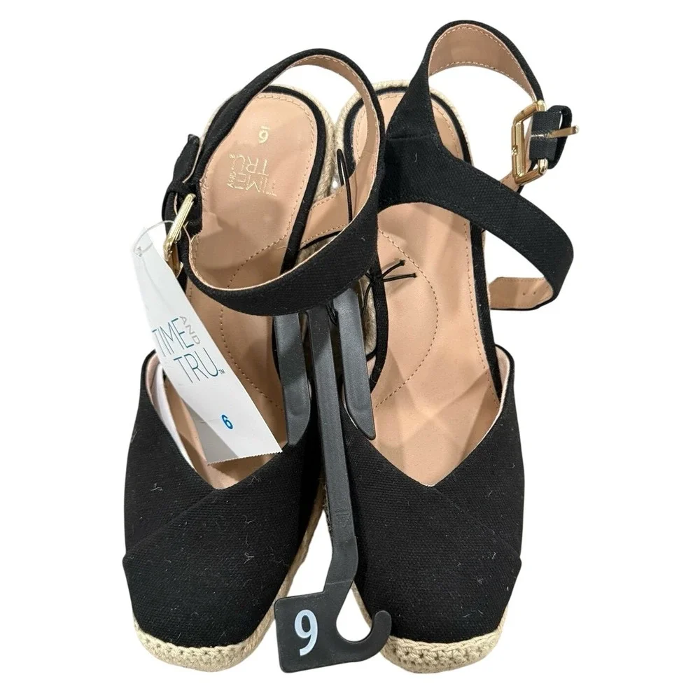 Time and Tru Espadrille Wedge Sandals Black Size 6